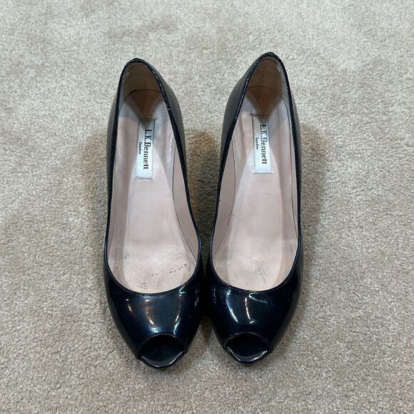 L.K. Bennett London Women Edee Open Peep Toe Wedge Patent Navy Blue Size 38 / 7 - Picture 2 of 10